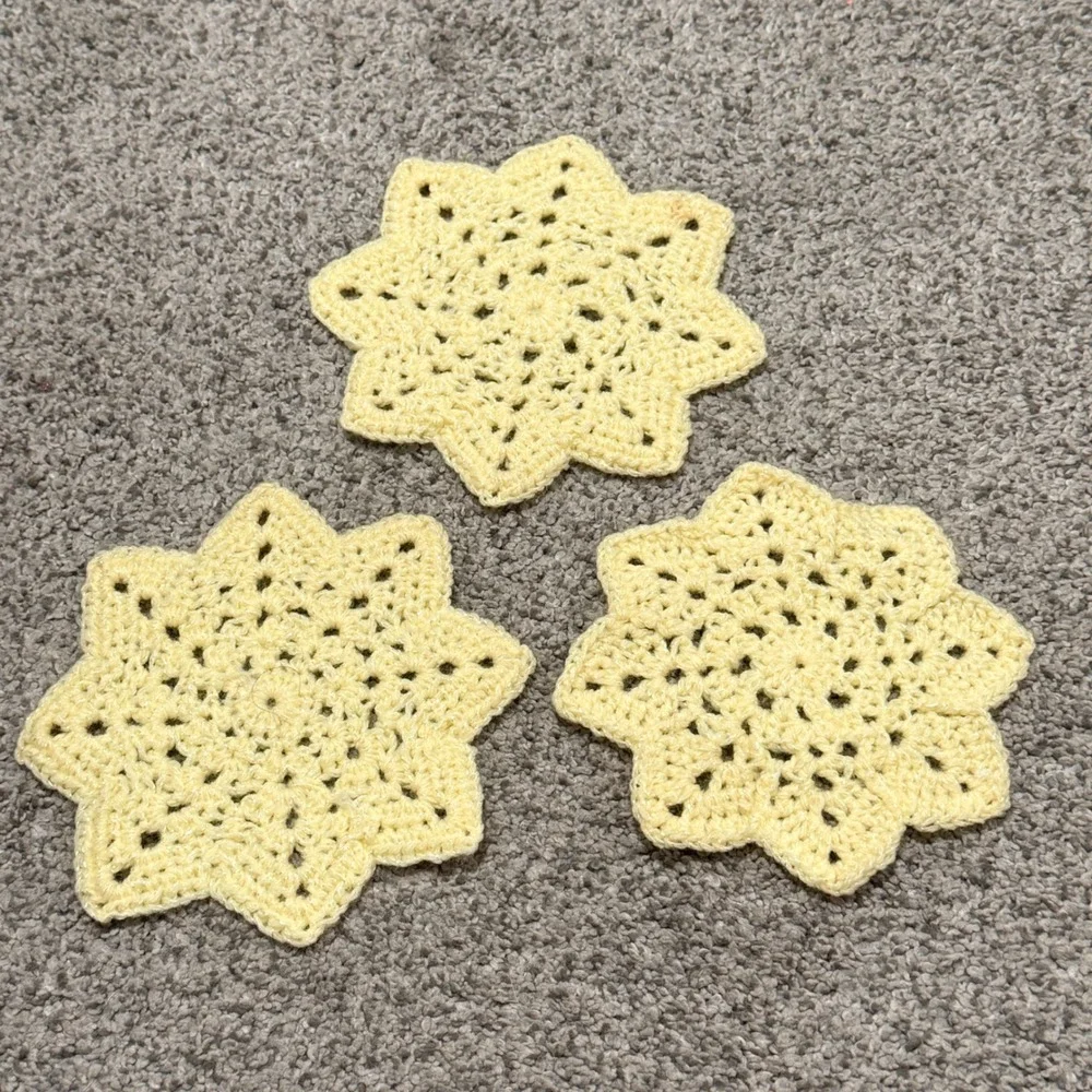 Vintage Crochet Doilies Star Coasters Set of 3 Yellow 5.25in Cotton